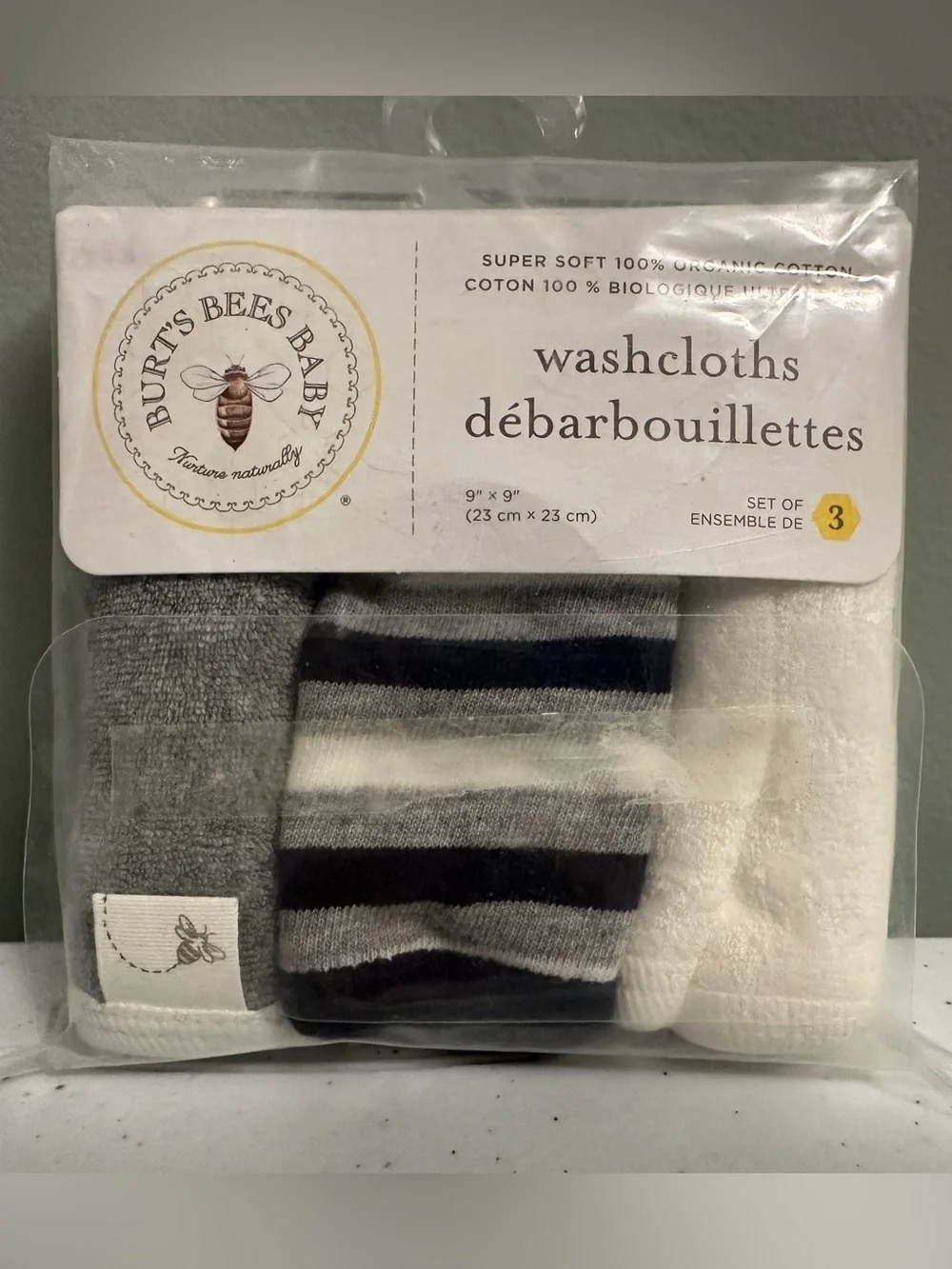 Burts Bees Soft 100% Organic Cotton Baby Washcloths Set of 3 New
